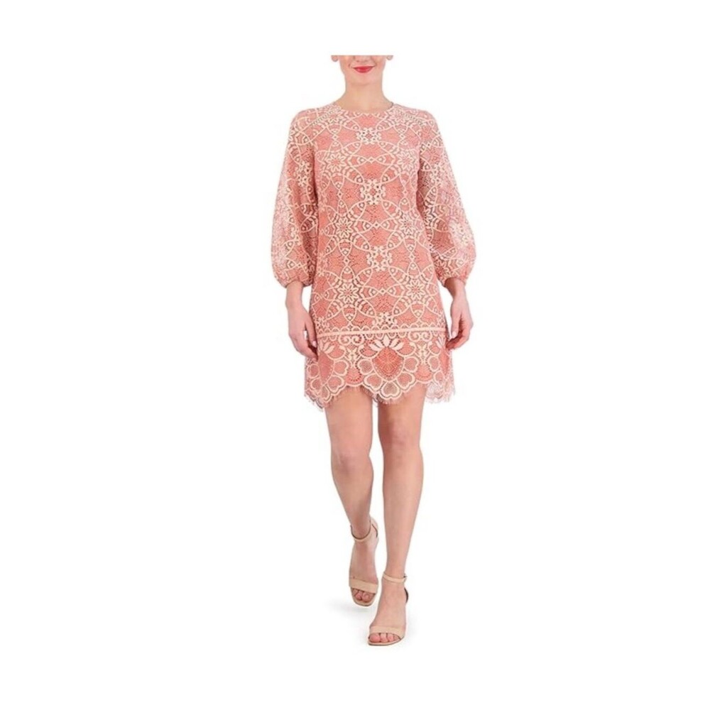 Vince Camuto Embroidered Pink Peach Lace Mini Shift Dress Balloon Sleeves 14
